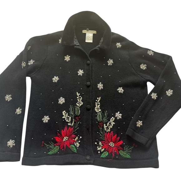 Vintage Victoria Jones Black Faux Fur Christmas Poinsettia Cardigan Size Medium - Picture 1 of 12
